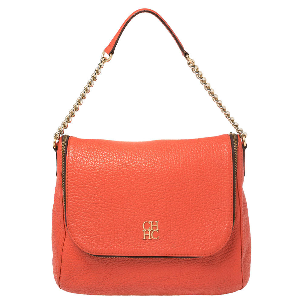 CAROLINA HERRERA Orange Leather Zip Hobo